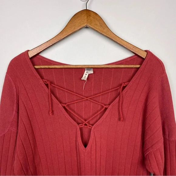 Free People Burnt Orange Ribbed Lace Up Top - Picture 3 of 6